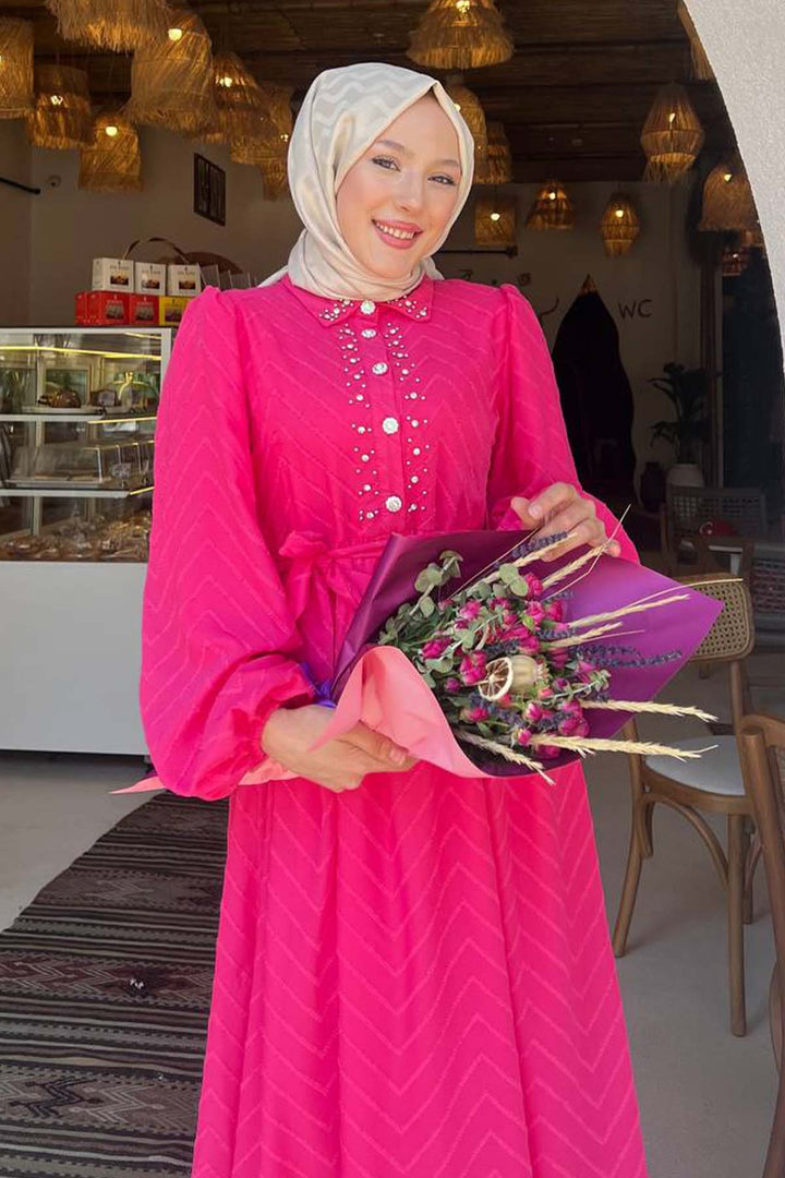 BNG Women Stone Detailed Hijab Dress Fuchsia 1412 - Hanford