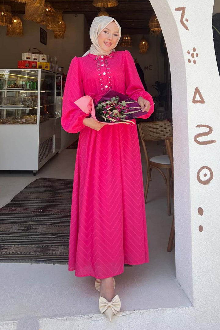 BNG Women Stone Detailed Hijab Dress Fuchsia 1412 - Hanford
