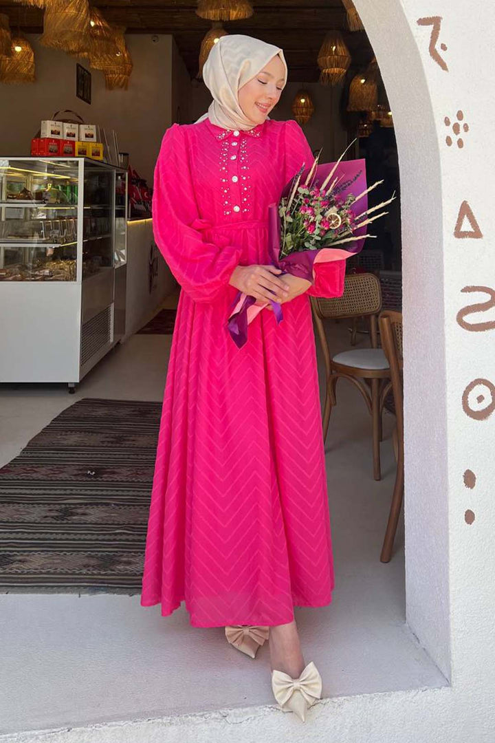 BNG Women Stone Detailed Hijab Dress Fuchsia 1412 - Hanford