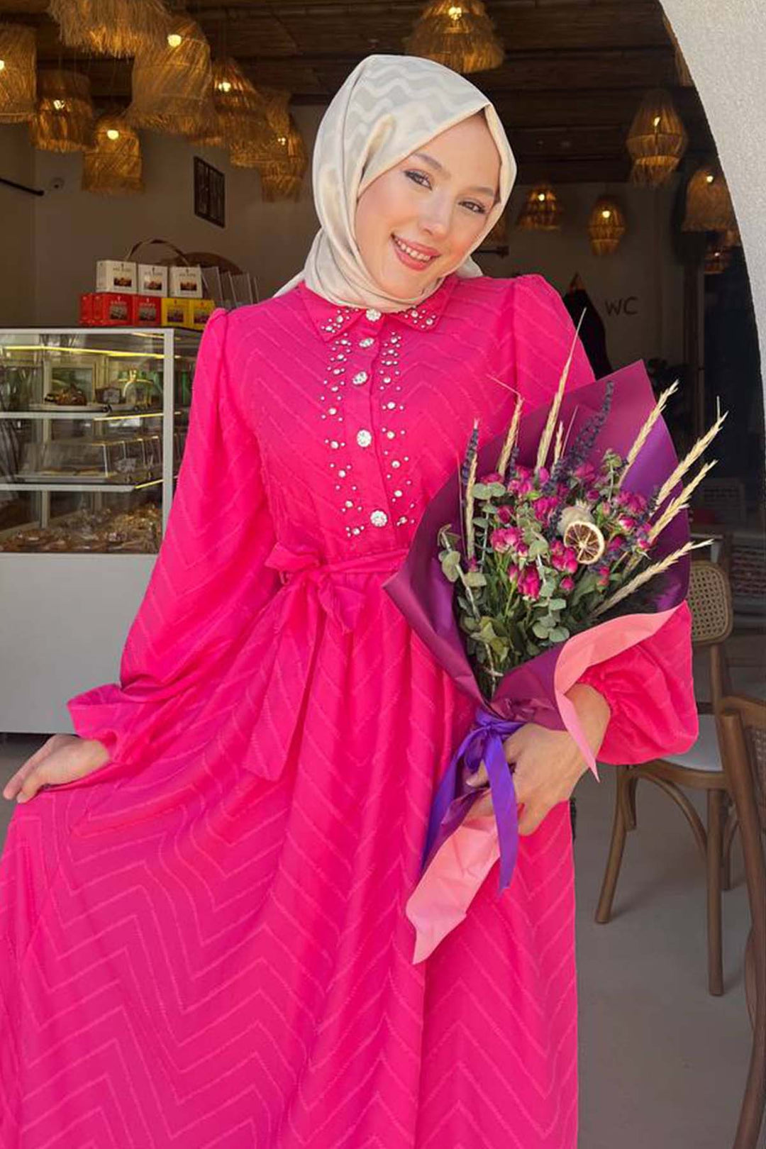 BNG Women Stone Detailed Hijab Dress Fuchsia 1412 - Hanford