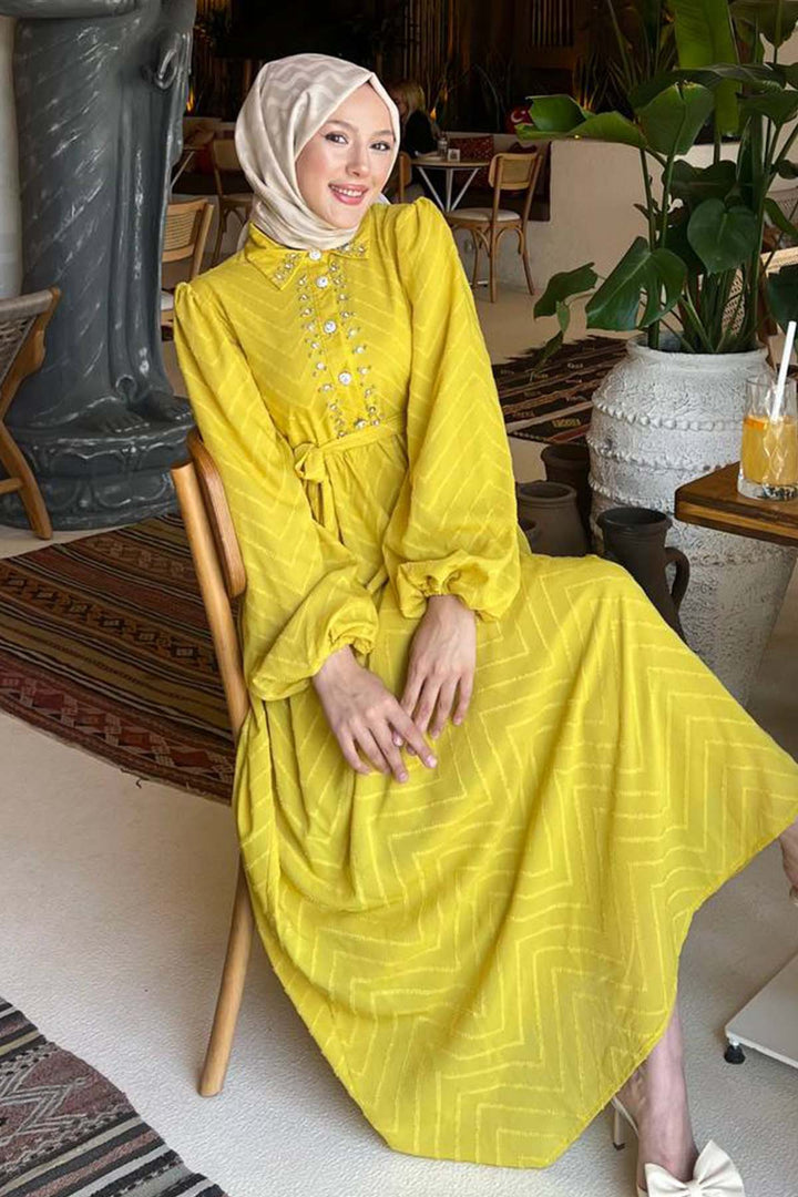 BNG Women Stone Detailed Hijab Dress Mustard 1412 - Acilia