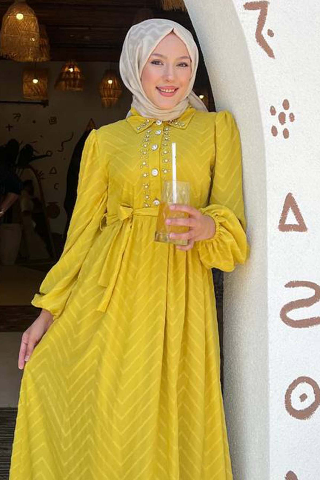 BNG Women Stone Detailed Hijab Dress Mustard 1412 - Acilia