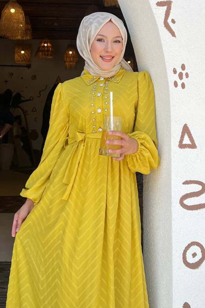 BNG Women Stone Detailed Hijab Dress Mustard 1412 - Acilia
