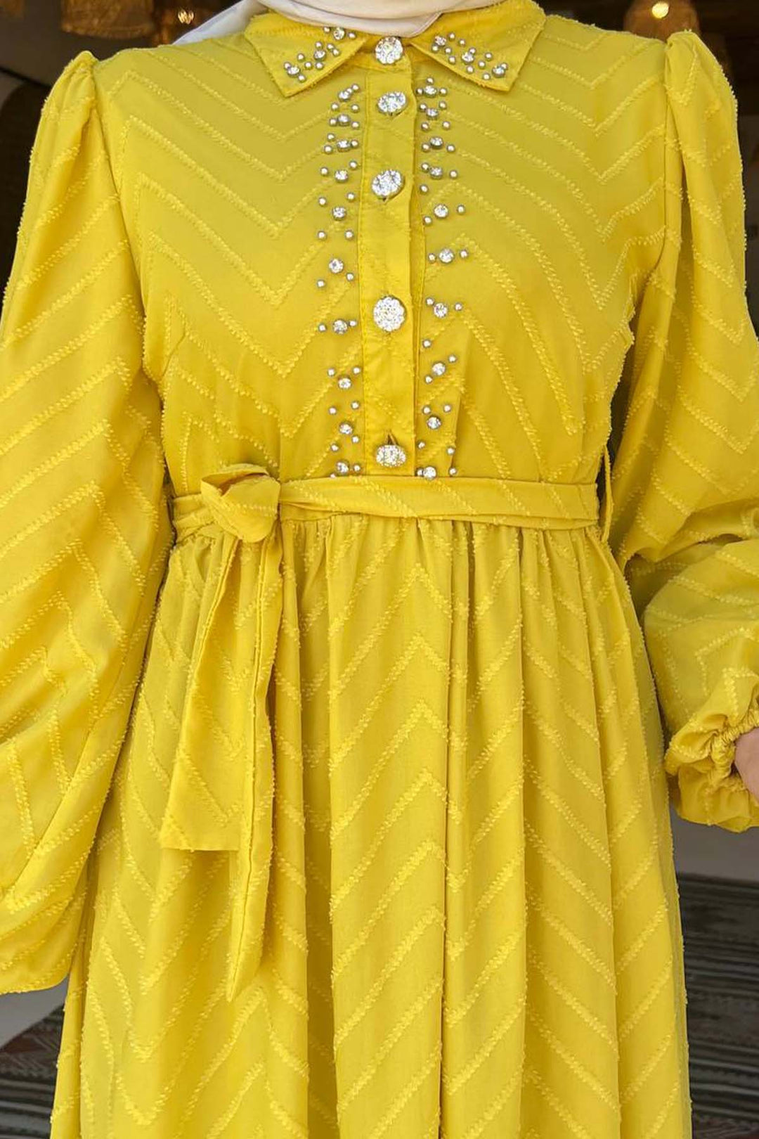 BNG Women Stone Detailed Hijab Dress Mustard 1412 - Acilia