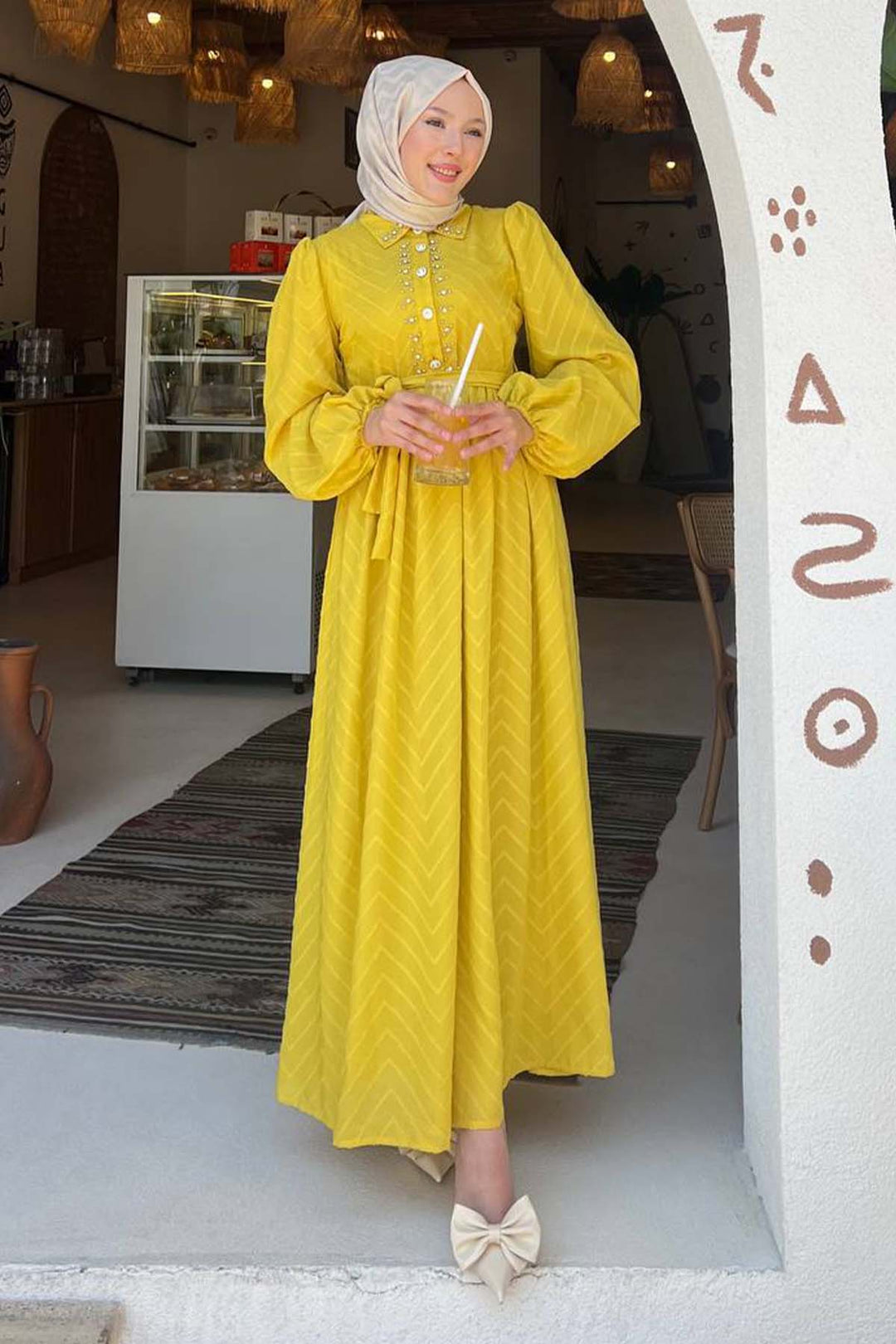BNG Women Stone Detailed Hijab Dress Mustard 1412 - Acilia