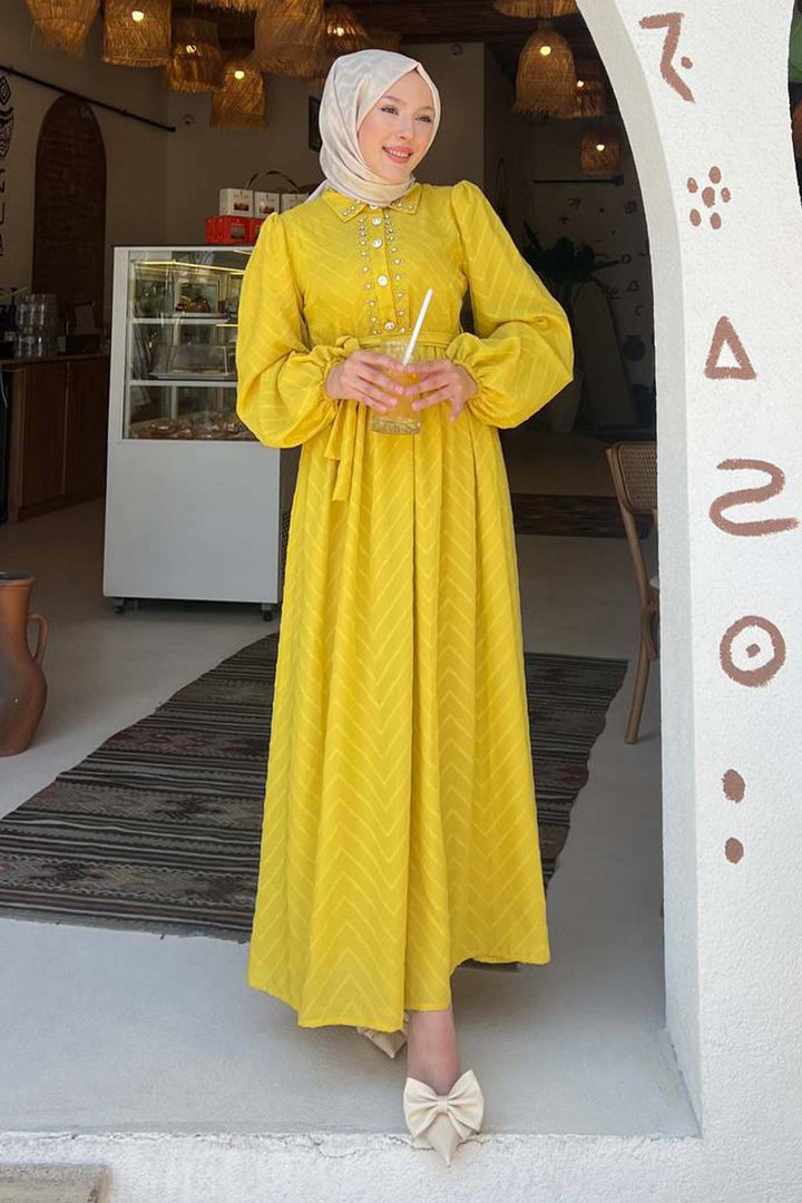 BNG Women Stone Detailed Hijab Dress Mustard 1412 - Acilia