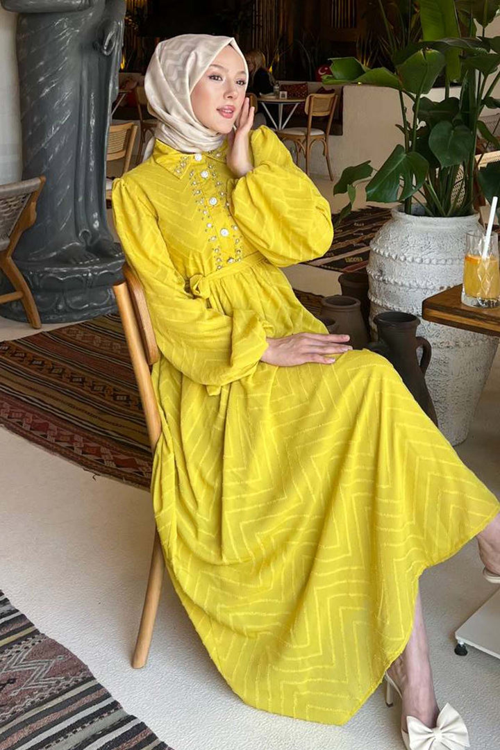 BNG Women Stone Detailed Hijab Dress Mustard 1412 - Acilia