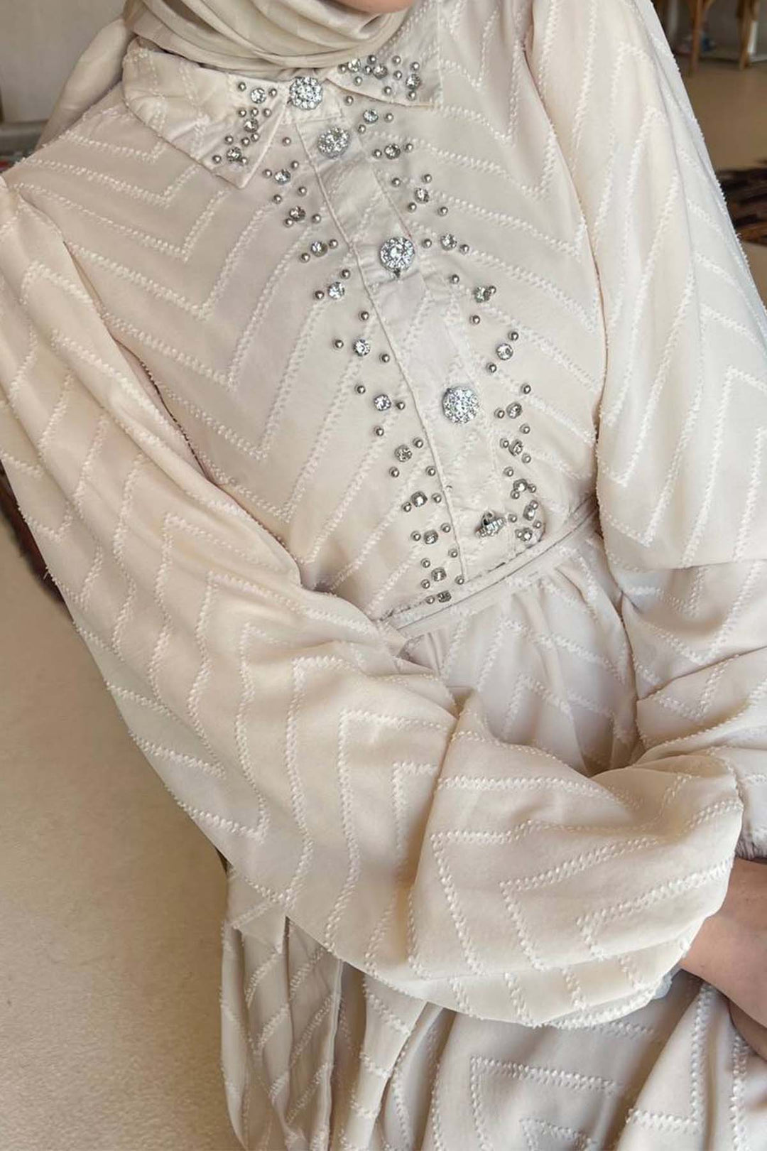 BNG Women Taş Detaylı Tesettür Elbise Krem 1412 - Cuautla