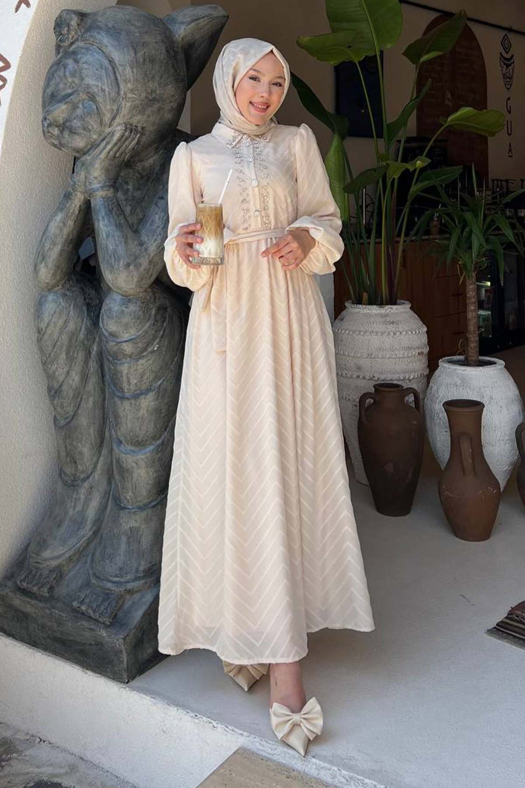 BNG Women Taş Detaylı Tesettür Elbise Krem 1412 - Cuautla