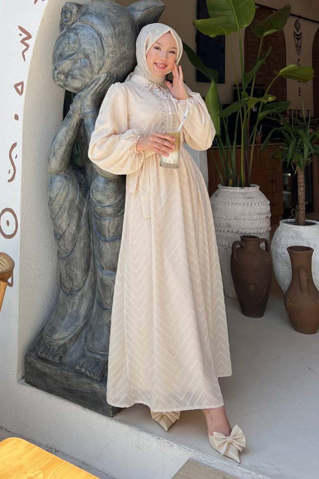 BNG Women Taş Detaylı Tesettür Elbise Krem 1412 - Cuautla