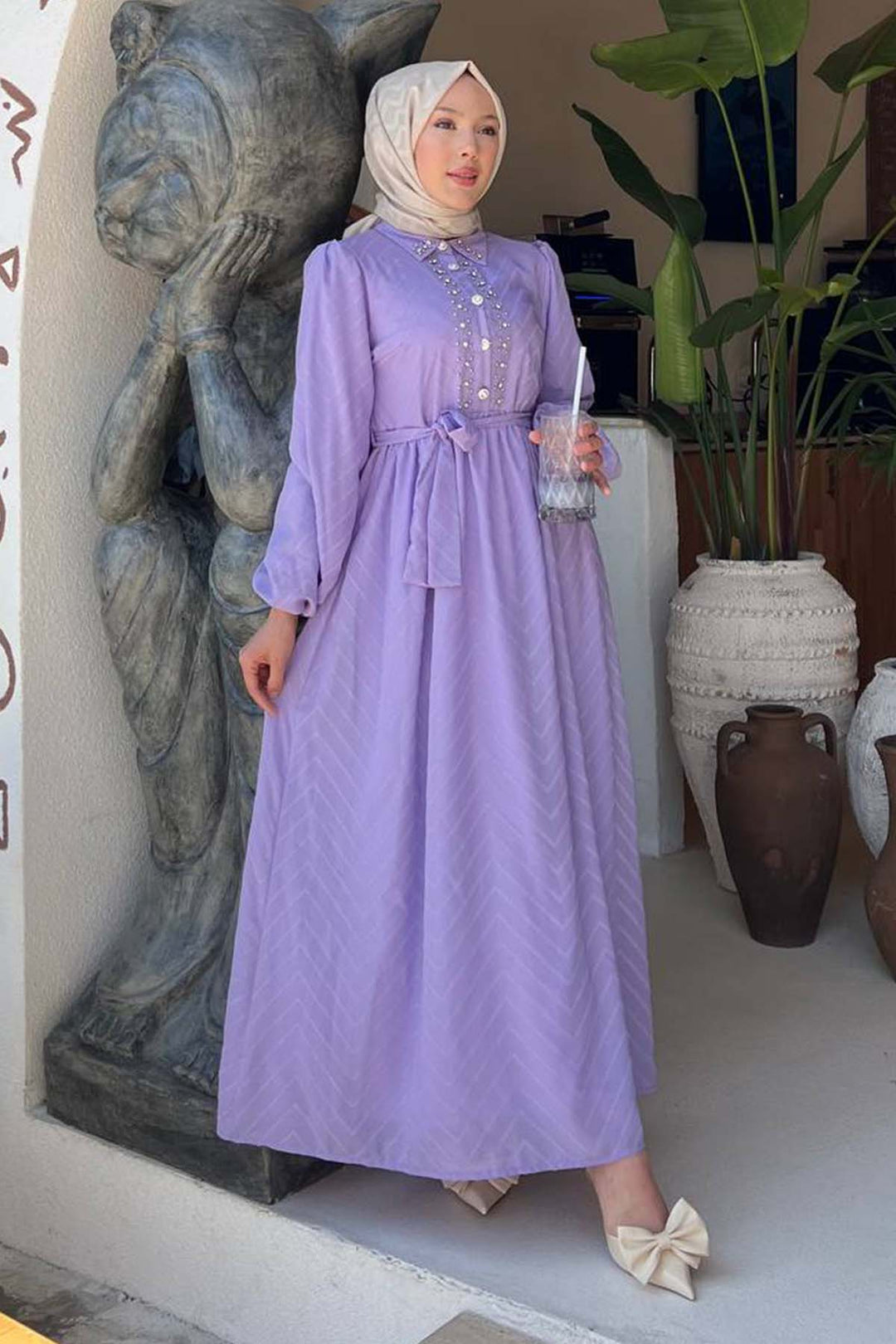 BNG Women Taş Detaylı Tesettür Elbise Lila 1412 - Figueira da Foz