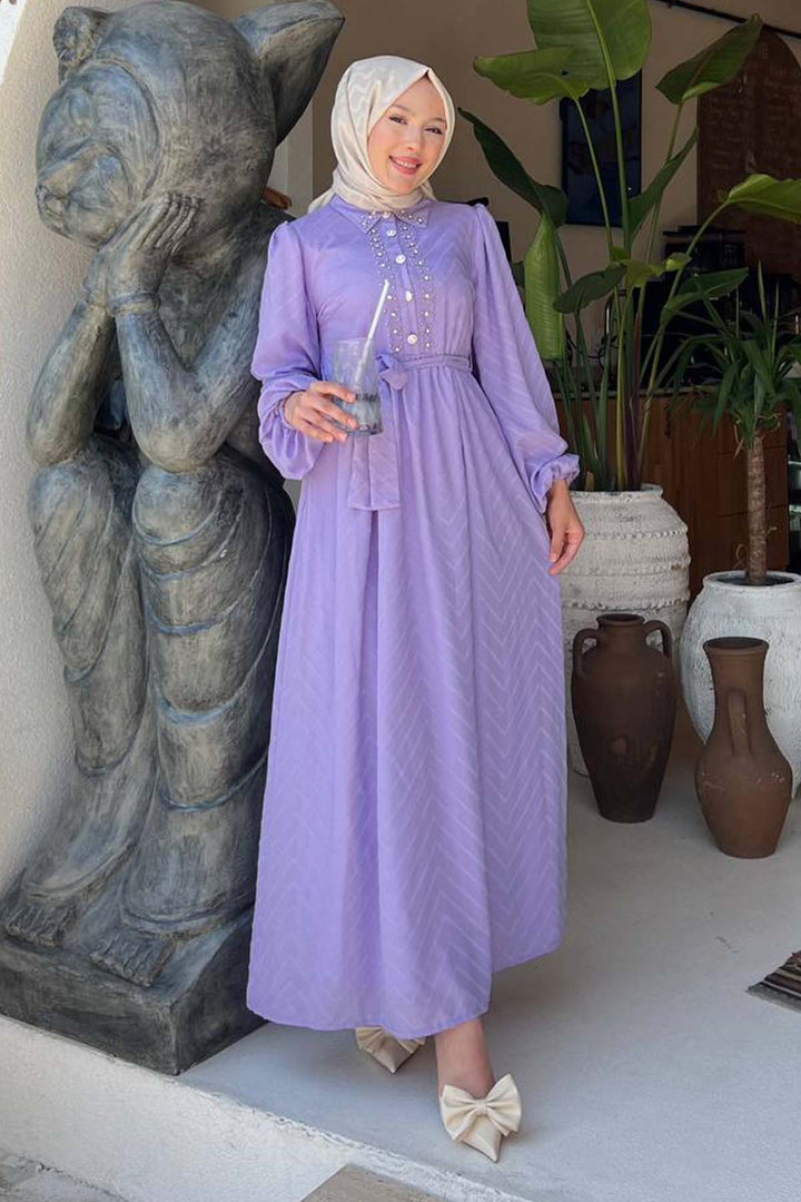 BNG Women Taş Detaylı Tesettür Elbise Lila 1412 - Figueira da Foz