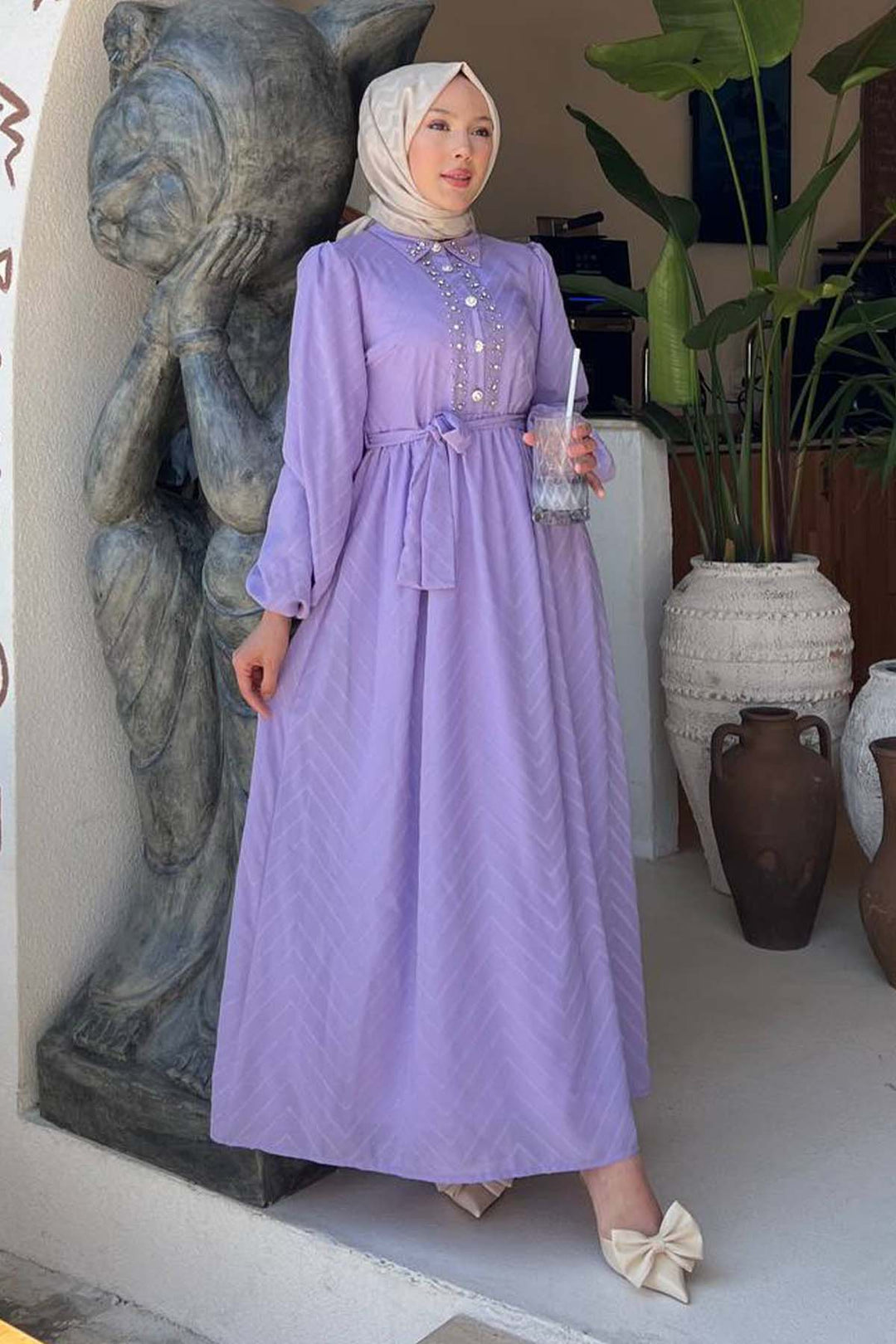 BNG Women Taş Detaylı Tesettür Elbise Lila 1412 - Figueira da Foz