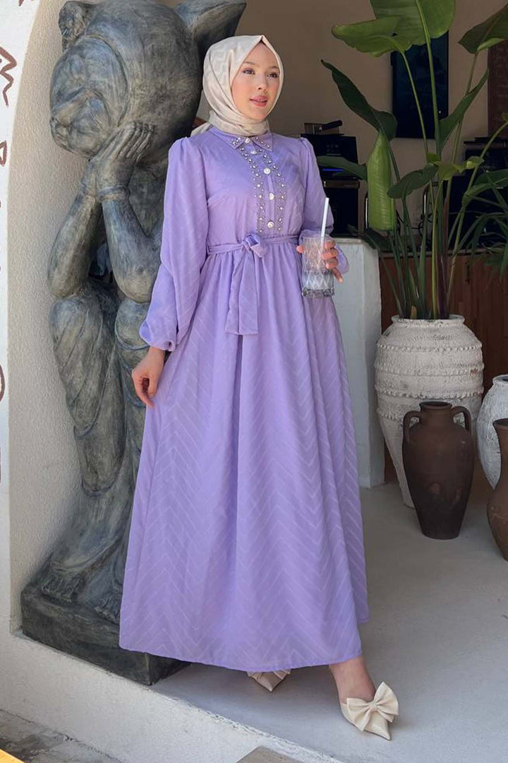 BNG Women Taş Detaylı Tesettür Elbise Lila 1412 - Figueira da Foz