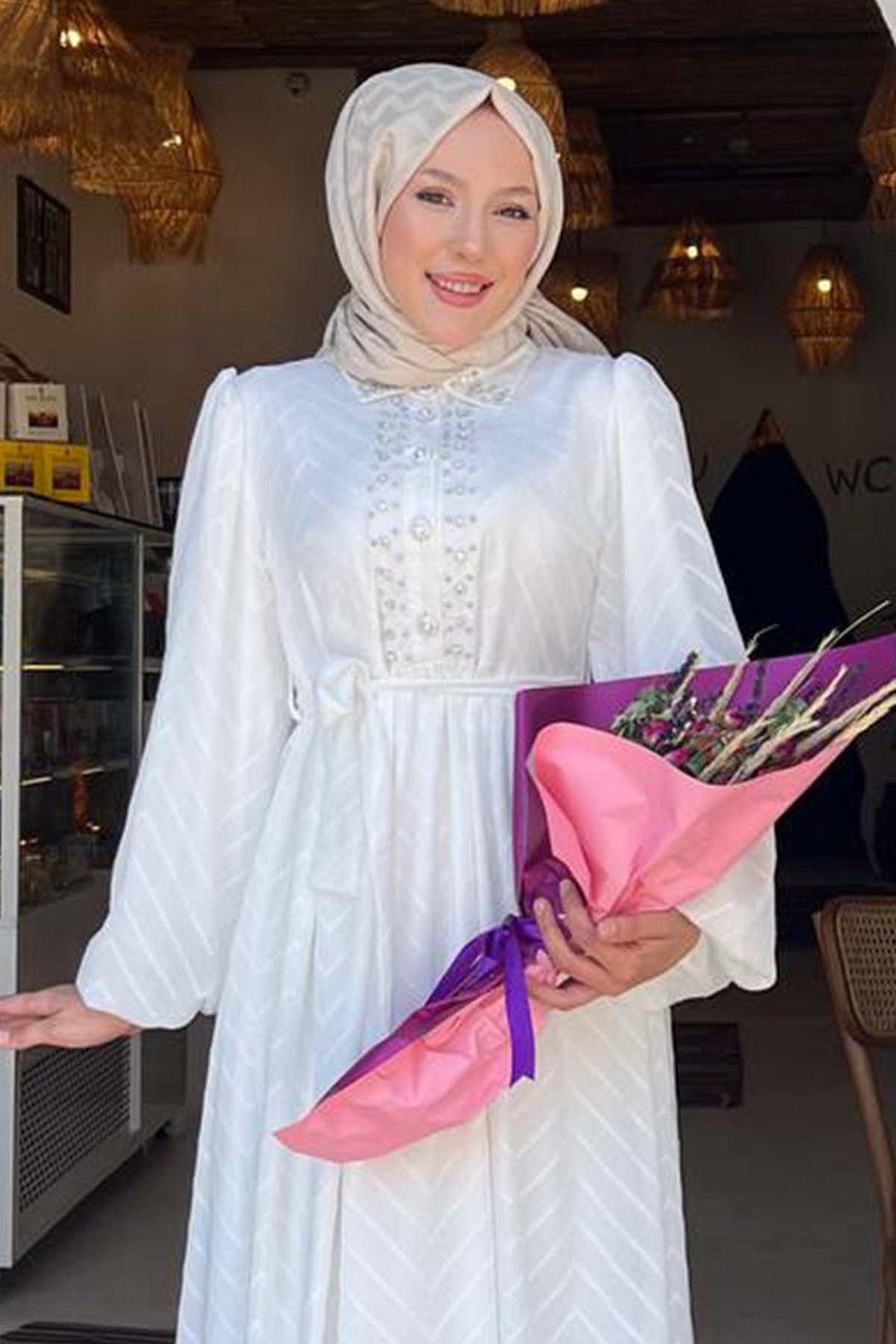 BNG Women Stone Detailed Hijab Dress White 1412 - Görlitz
