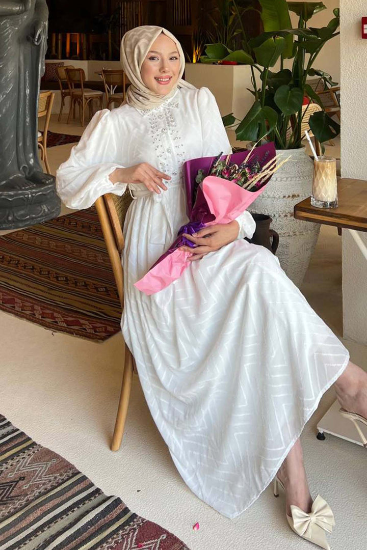 BNG Women Stone Detailed Hijab Dress White 1412 - Görlitz