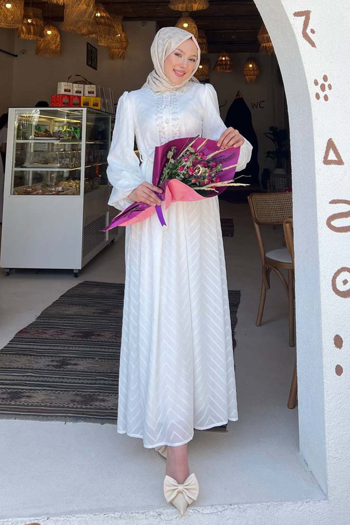 BNG Women Stone Detailed Hijab Dress White 1412 - Görlitz