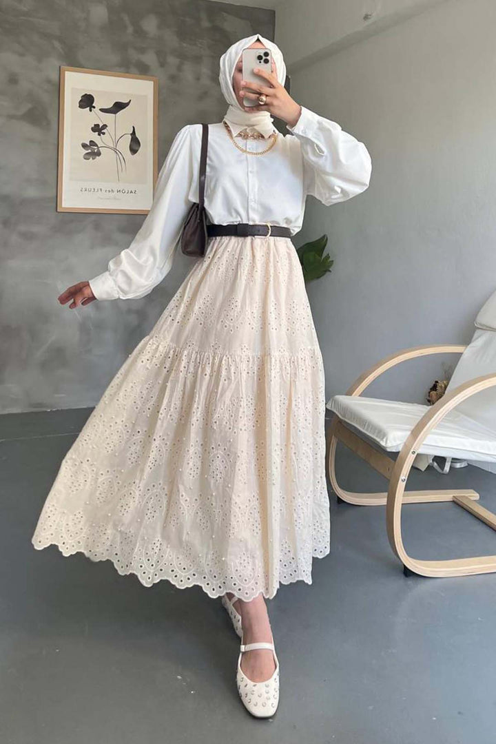 BNG Women İncili Brode Etek Krem 1395 - South Bend