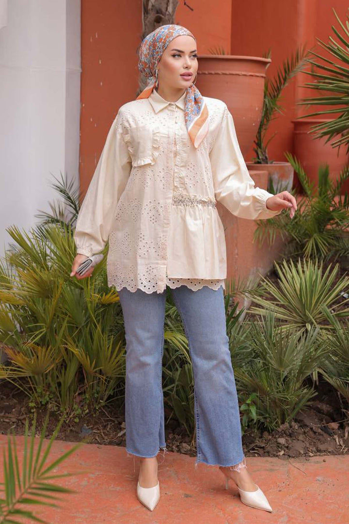 BNG Women Yarım Taşlı Brode Gömlek Krem 1426 - Cleveland