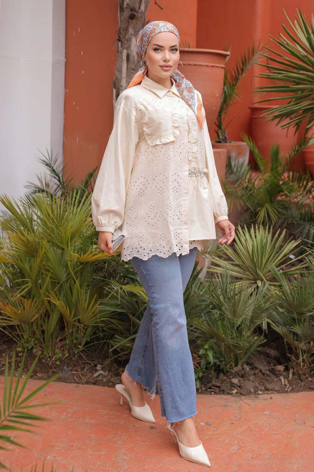 BNG Women Yarım Taşlı Brode Gömlek Krem 1426 - Cleveland