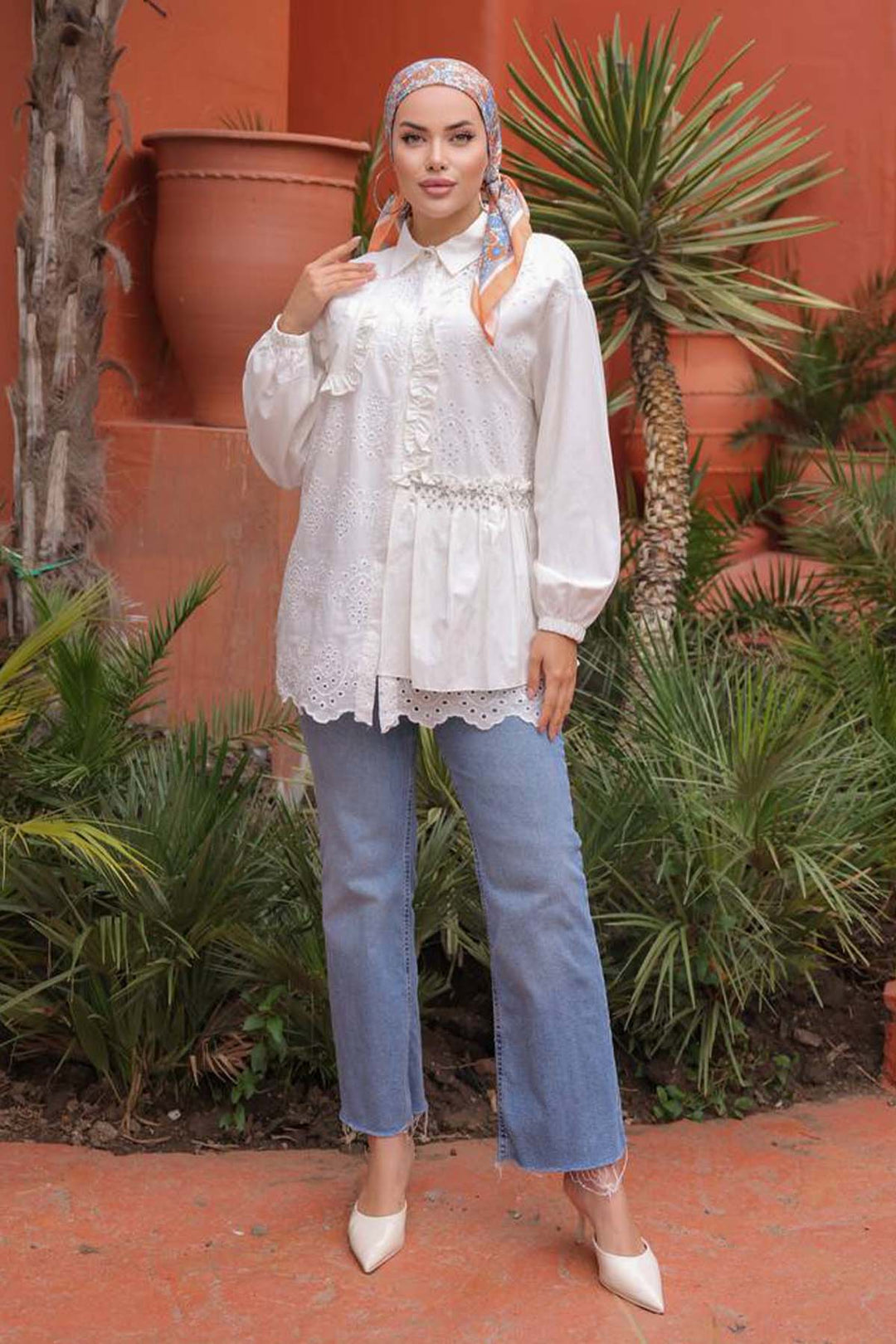 BNG Women Yarım Taşlı Brode Gömlek Beyaz 1426 - Nuevo Casas Grandes