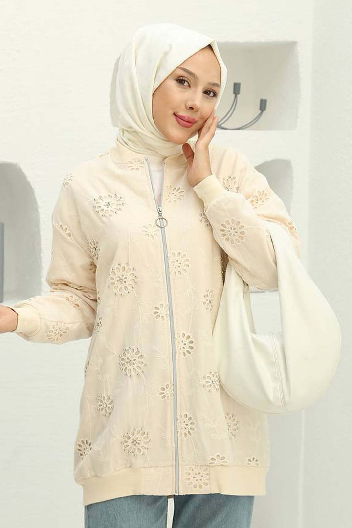BNG Women Taş İşlemeli Brode Hırka Krem 2000 - Zongolica