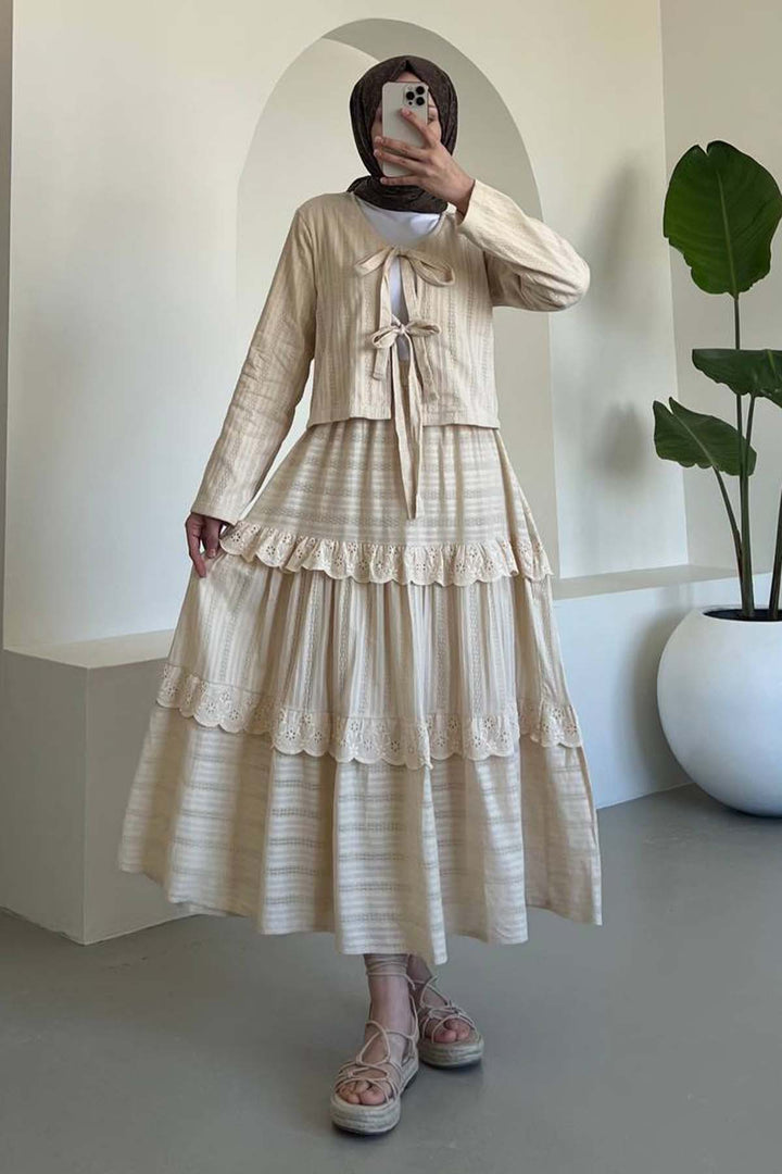 BNG Women Brocade Belted Skirt Suit Cream 3012 - Brea