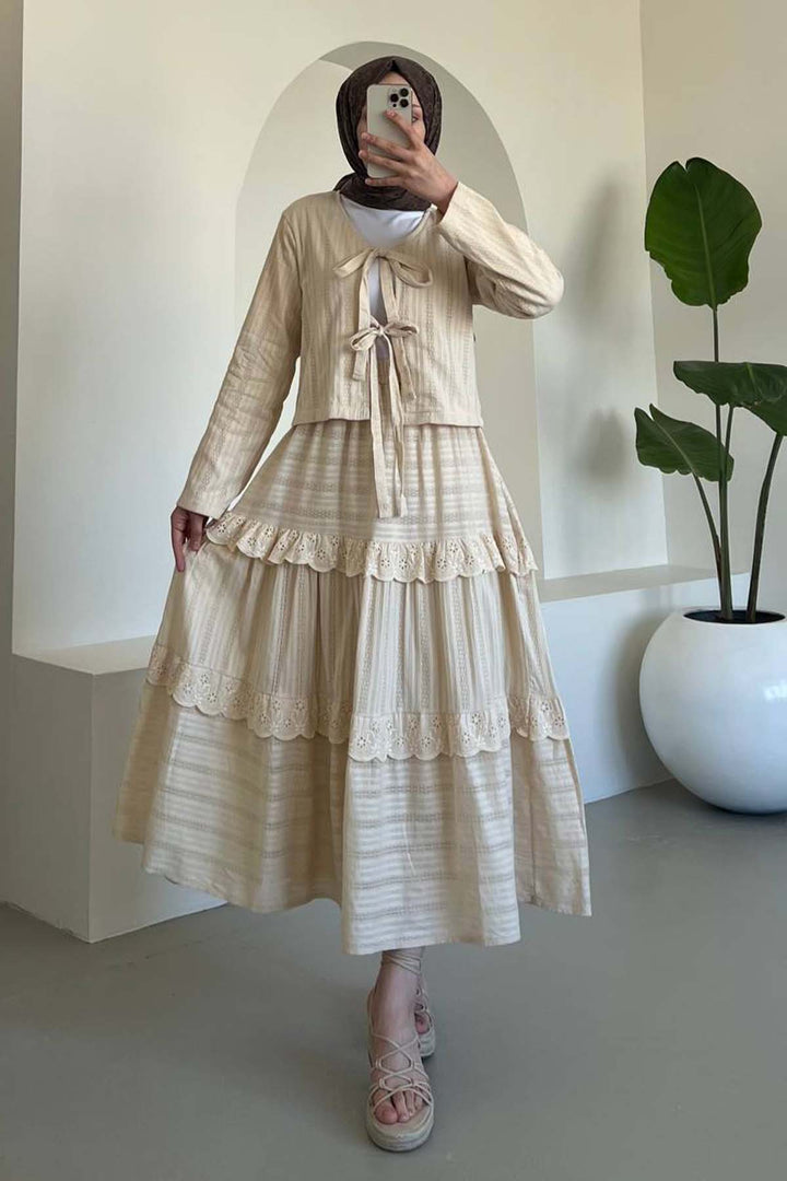 BNG Women Brocade Belted Skirt Suit Cream 3012 - Brea