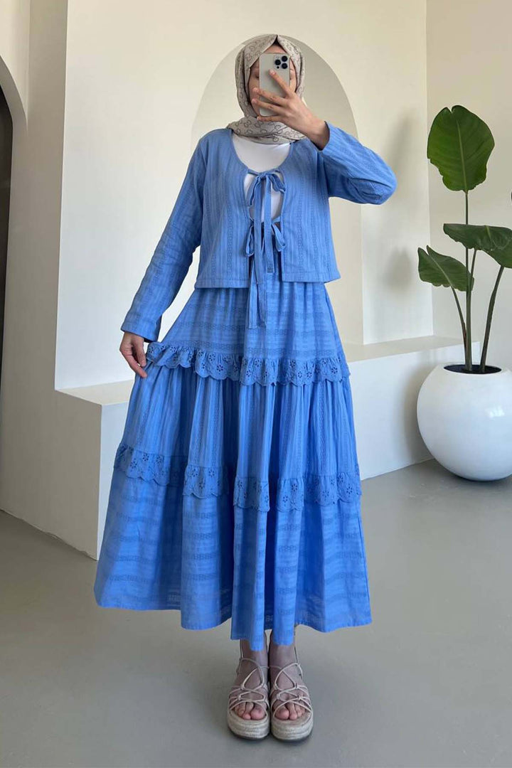 BNG Women Blue Brocade Belted Skirt Suit 3012 - Nueva Rosita