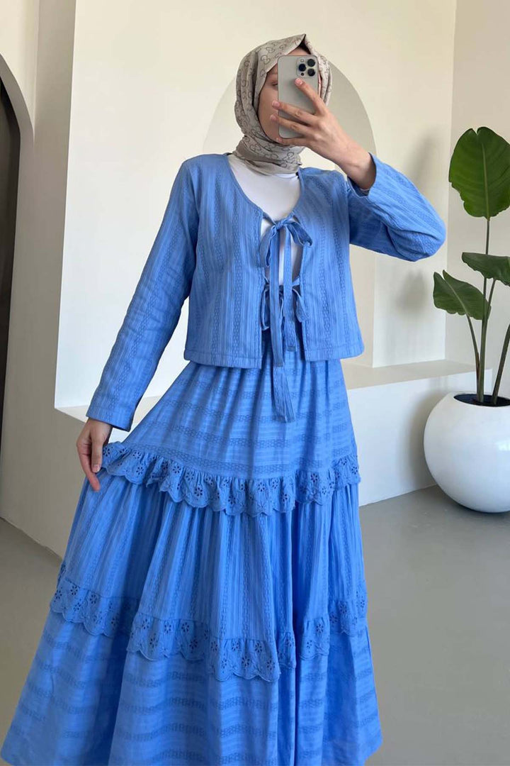 BNG Women Blue Brocade Belted Skirt Suit 3012 - Nueva Rosita