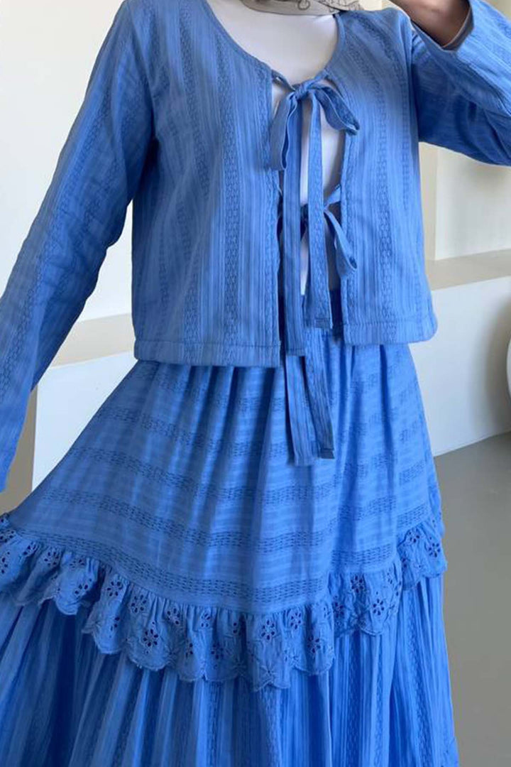 BNG Women Blue Brocade Belted Skirt Suit 3012 - Nueva Rosita