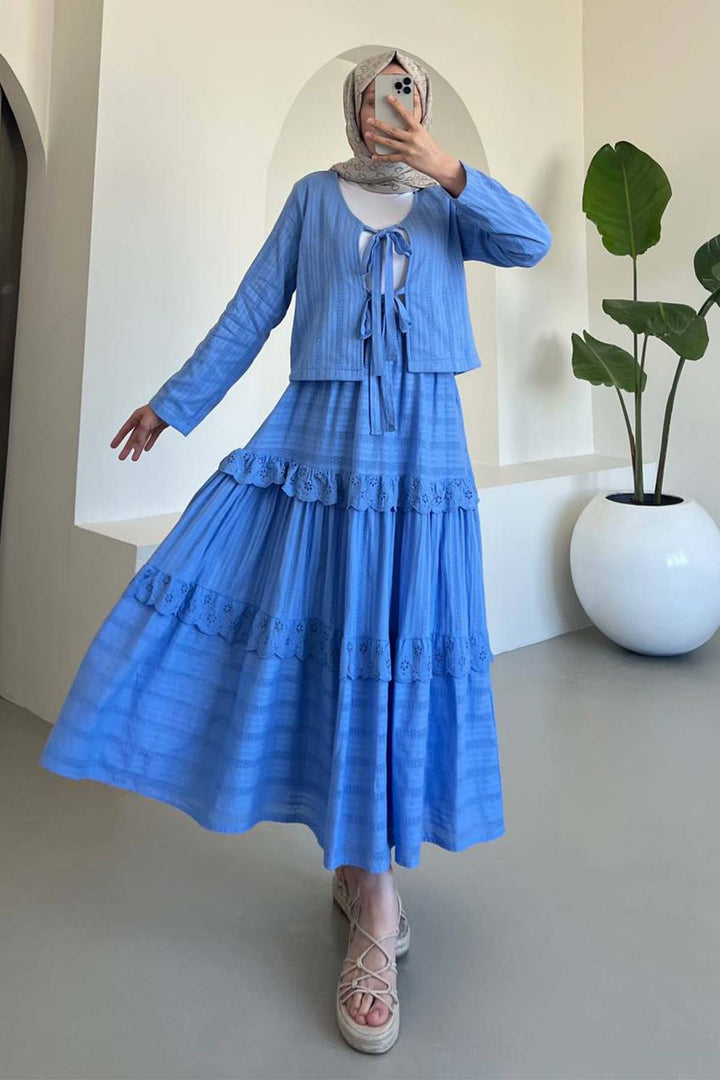 BNG Women Blue Brocade Belted Skirt Suit 3012 - Nueva Rosita