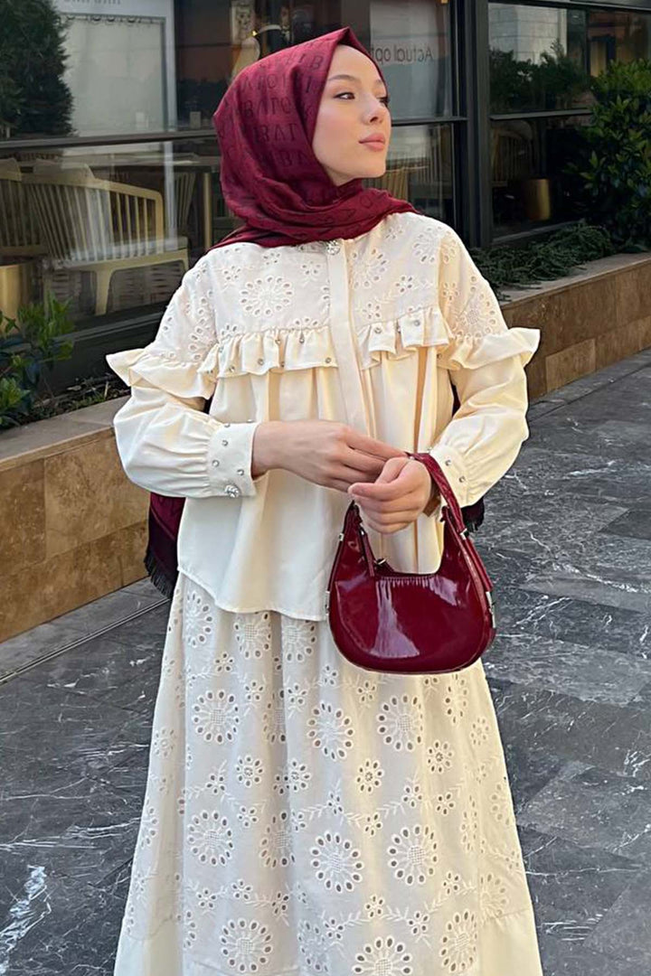 BNG Women Stone Detailed Beige Skirt Suit 3007 - Boston