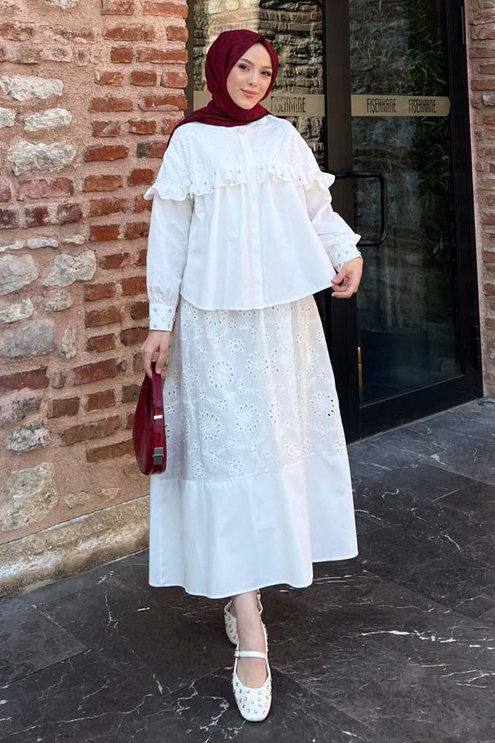 BNG Women Taş Detaylı Brode Etekli Takım Beyaz 3007 - Dortmund