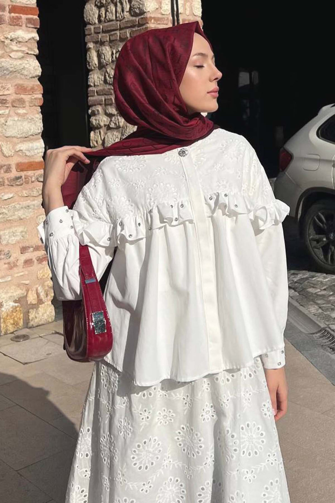 BNG Women Taş Detaylı Brode Etekli Takım Beyaz 3007 - Dortmund