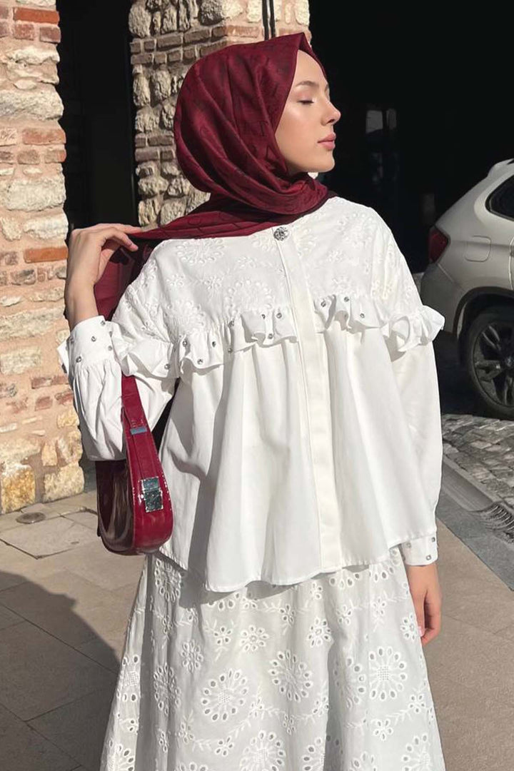 BNG Women Taş Detaylı Brode Etekli Takım Beyaz 3007 - Dortmund