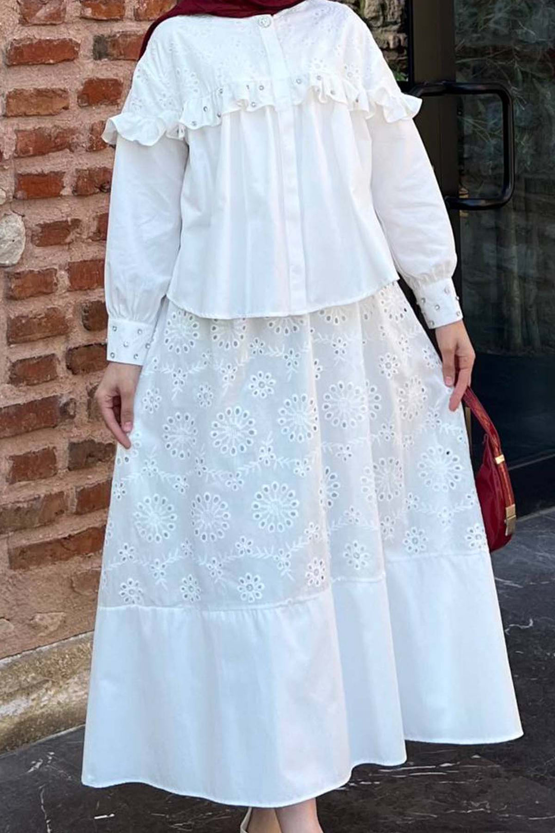 BNG Women Taş Detaylı Brode Etekli Takım Beyaz 3007 - Dortmund