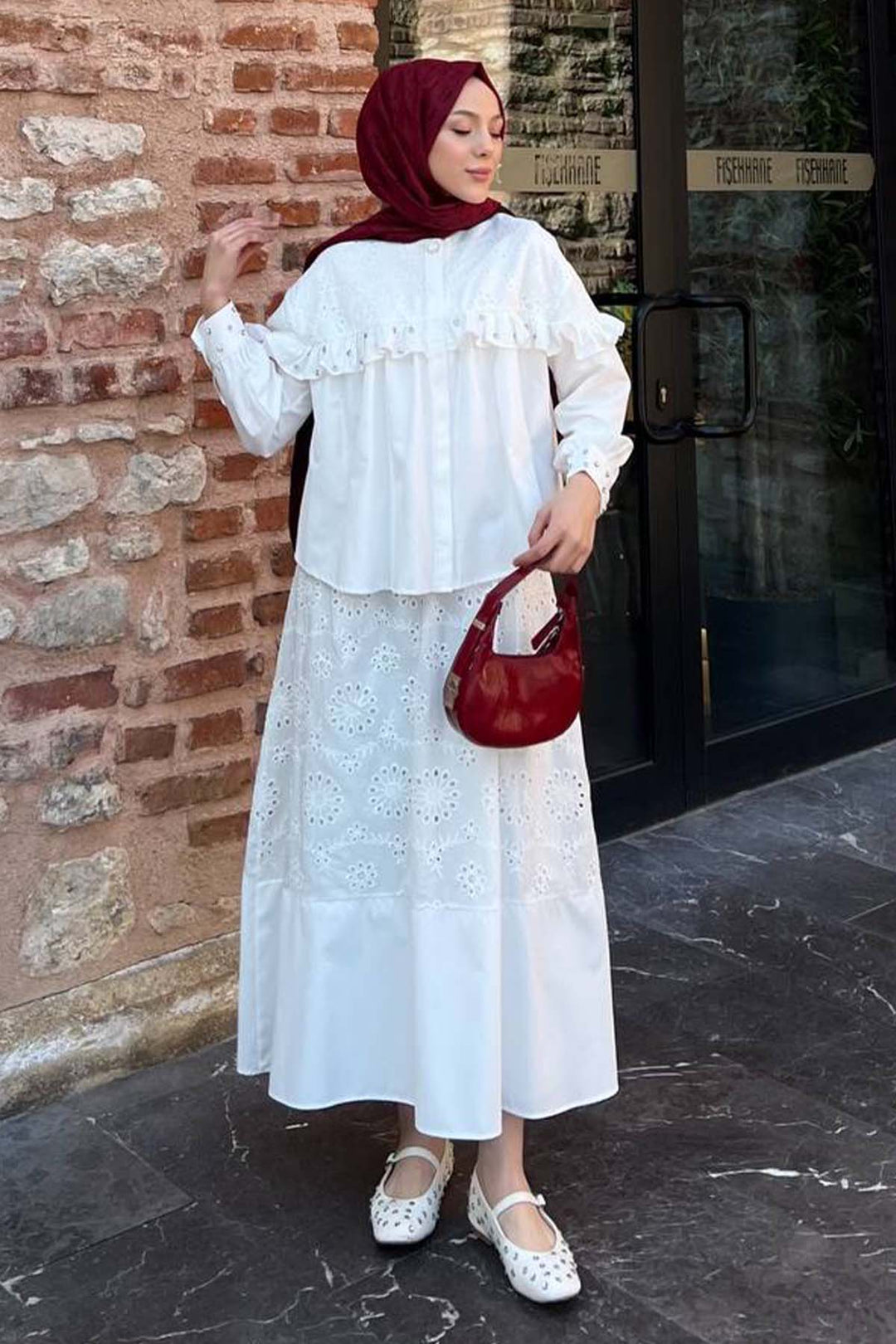 BNG Women Taş Detaylı Brode Etekli Takım Beyaz 3007 - Dortmund