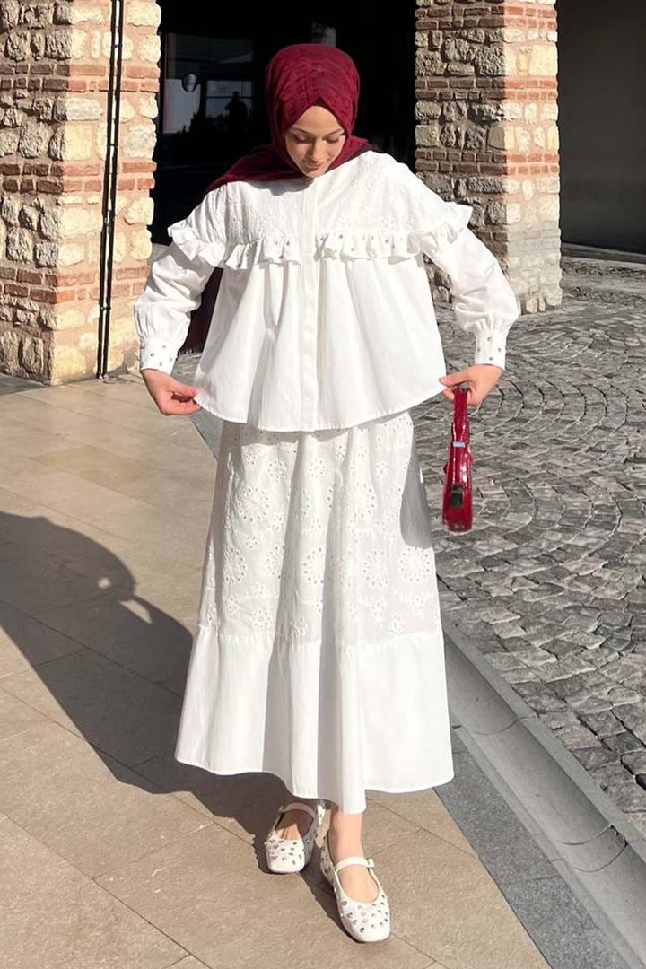 BNG Women Taş Detaylı Brode Etekli Takım Beyaz 3007 - Dortmund