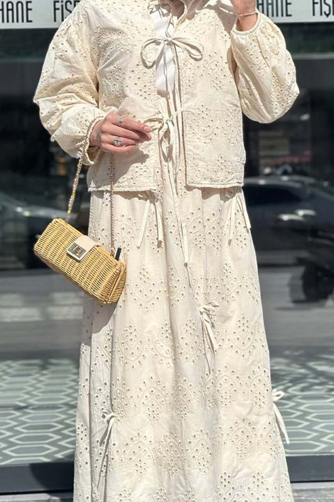 BNG Women Wrapped Brooch Stone Detailed Skirt Suit Cream 3014 - Brühl