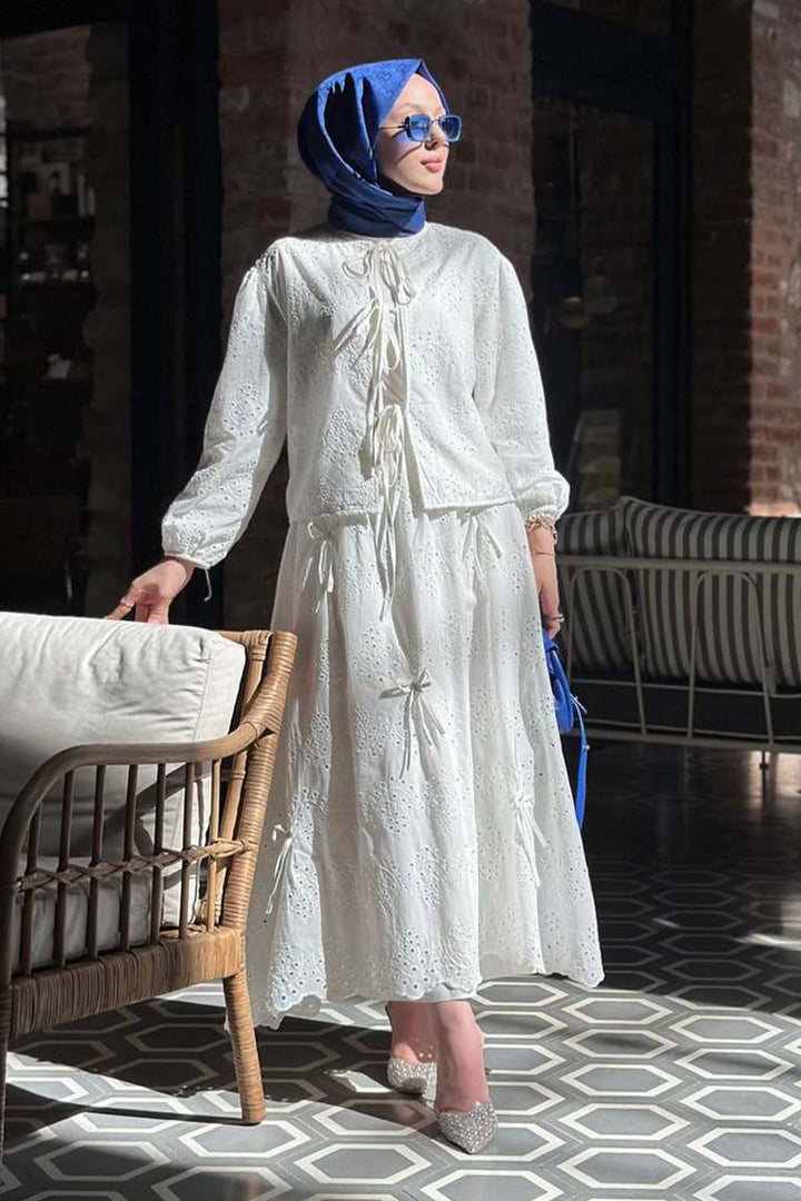 BNG Women White 3014 Set with Detailed Skirt and Embroidered Brooch - Savona