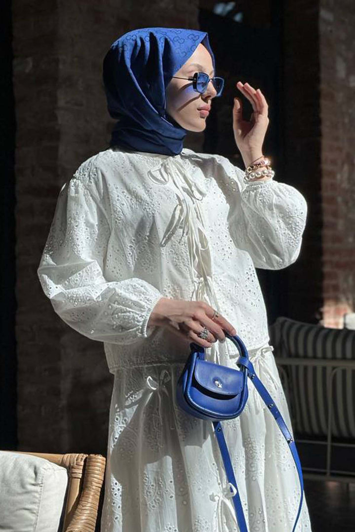 BNG Women White 3014 Set with Detailed Skirt and Embroidered Brooch - Savona