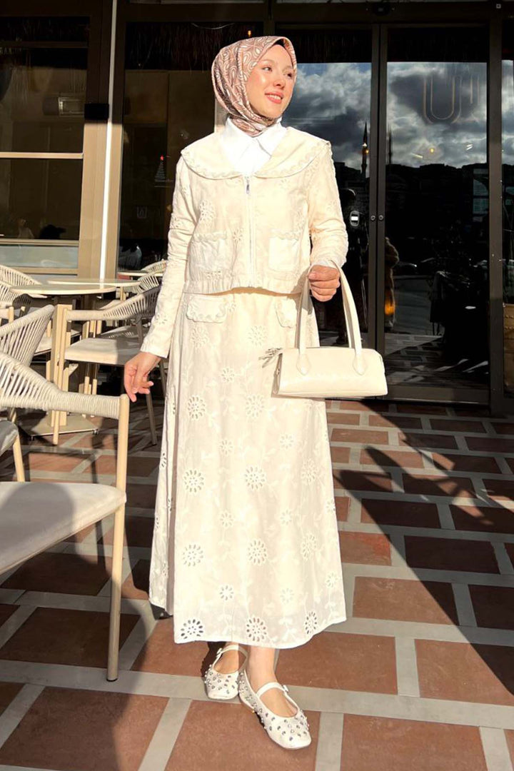 BNG Women Yakalı Brode Takım Krem 3016 - Jalapa