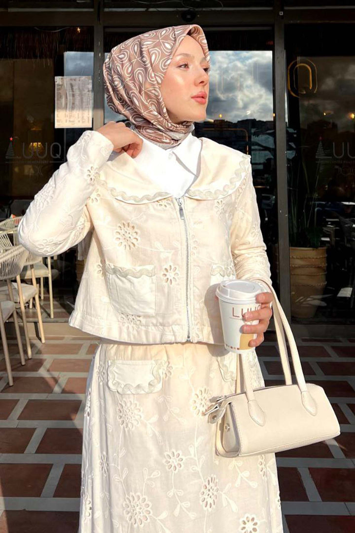 BNG Women Yakalı Brode Takım Krem 3016 - Jalapa