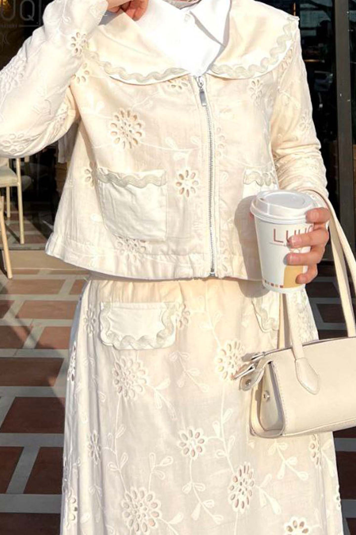 BNG Women Yakalı Brode Takım Krem 3016 - Jalapa