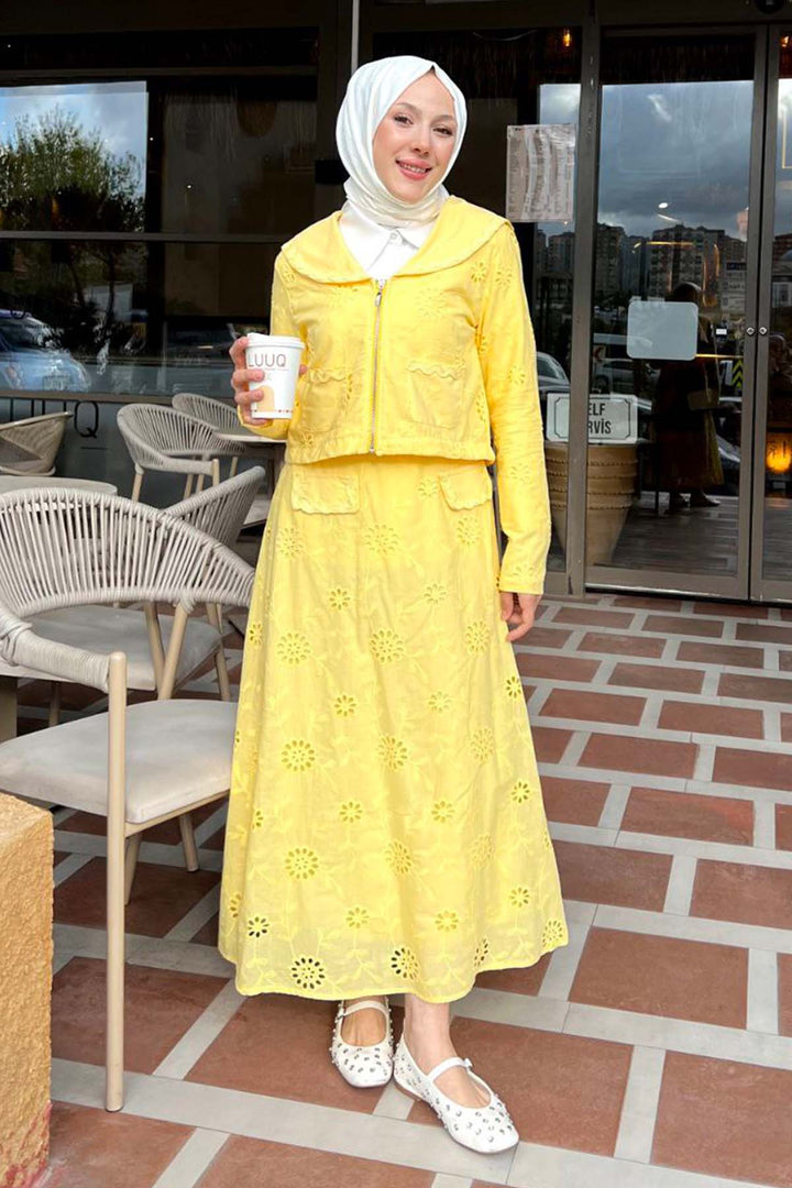 BNG Women Yakalı Brode Takım Sarı 3016 - Bragadiru