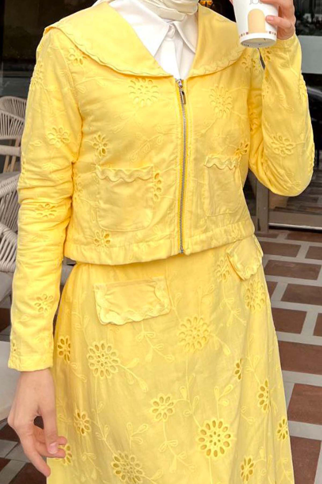 BNG Women Yakalı Brode Takım Sarı 3016 - Bragadiru