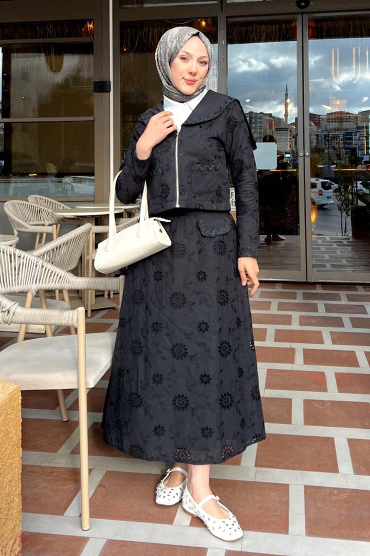 BNG Women Yakalı Brode Takım Siyah 3016 - Etterbeek