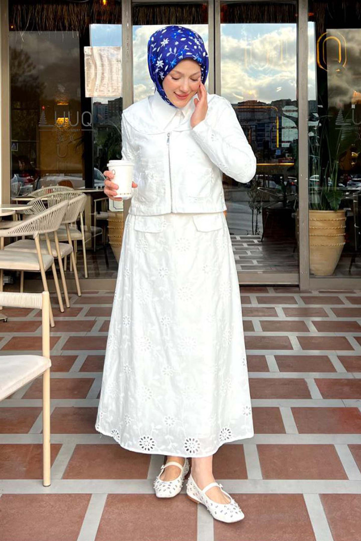 BNG Women Yakalı Brode Takım Beyaz 3016 - Zaandam