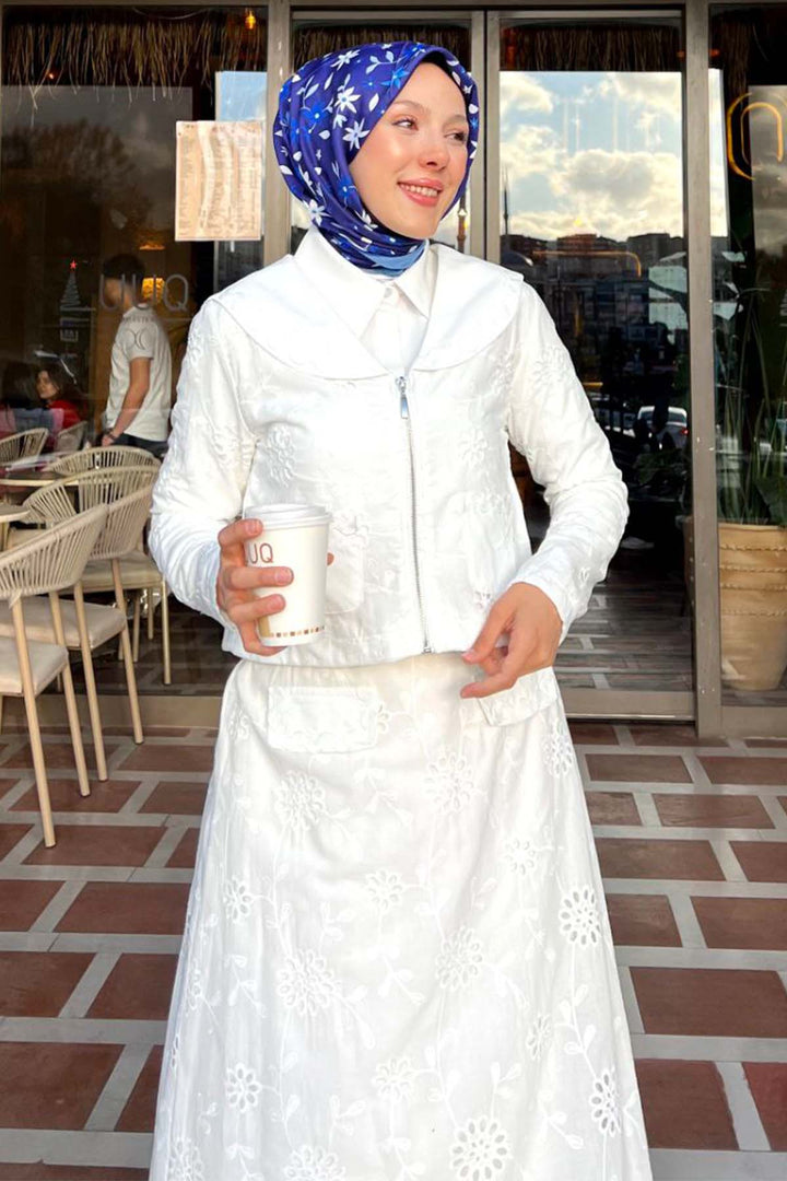 BNG Women Yakalı Brode Takım Beyaz 3016 - Zaandam